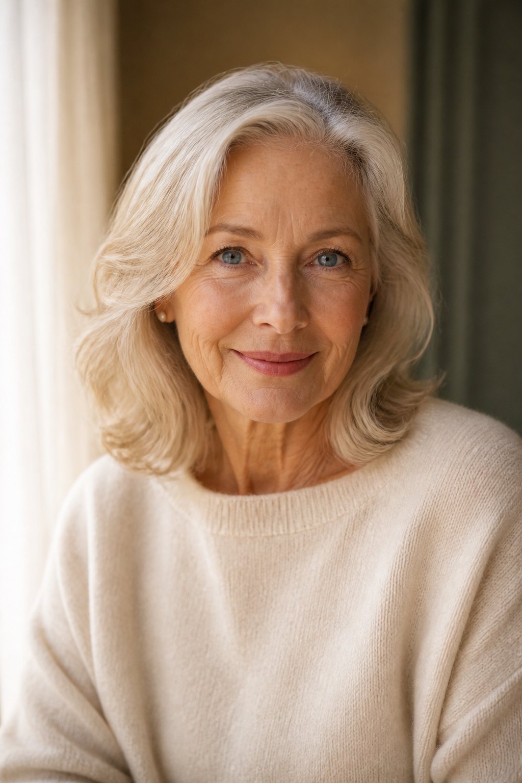 Portrait of an older woman in a cream sweater.