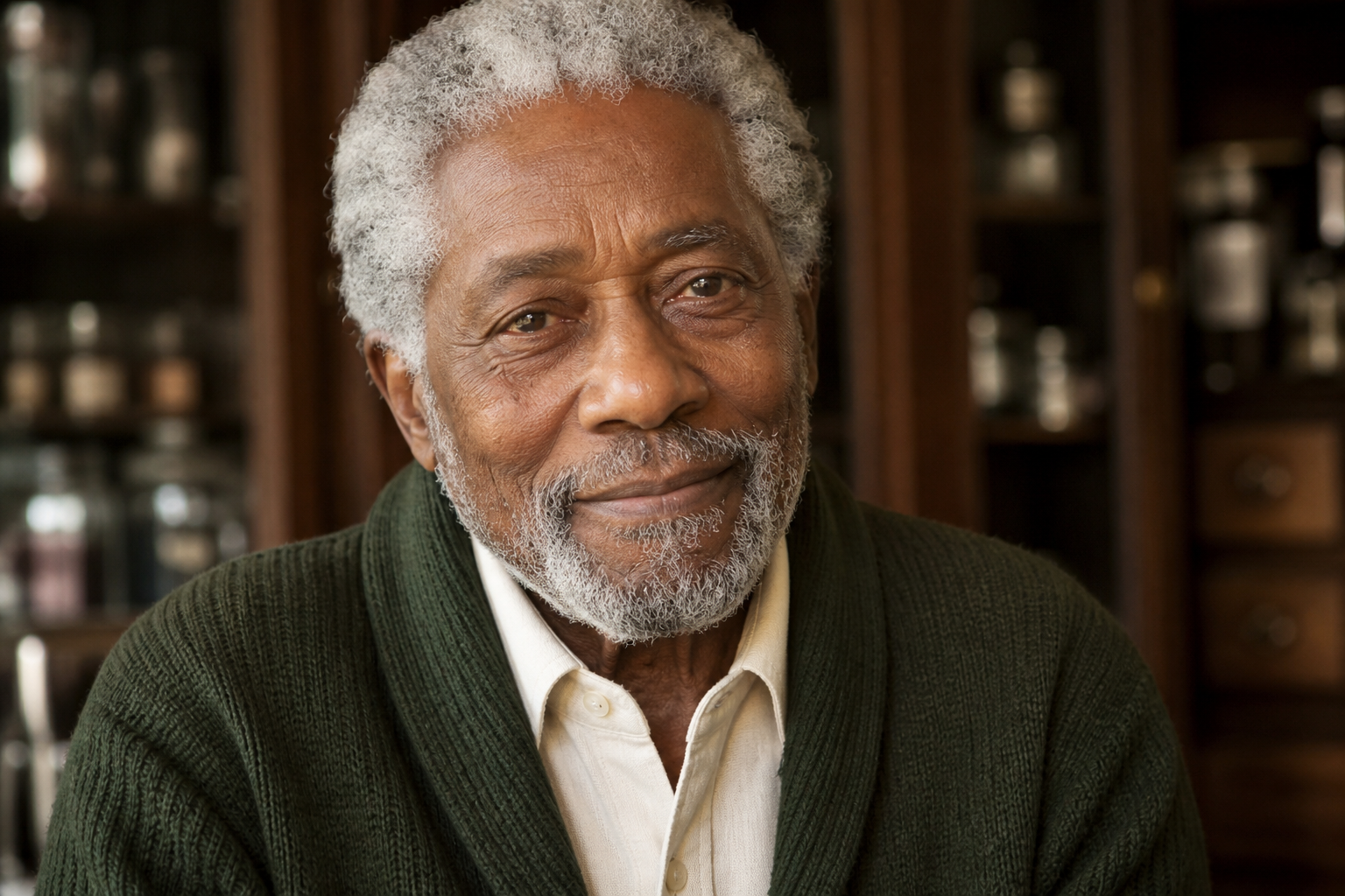 Portrait of an older man in a forest-green cardigan.