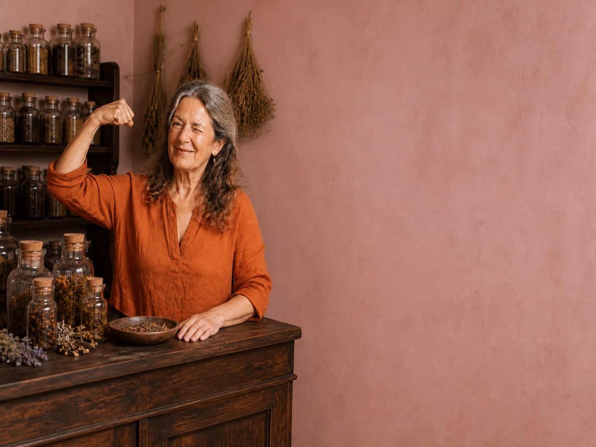 A woman at an apothecary counter.